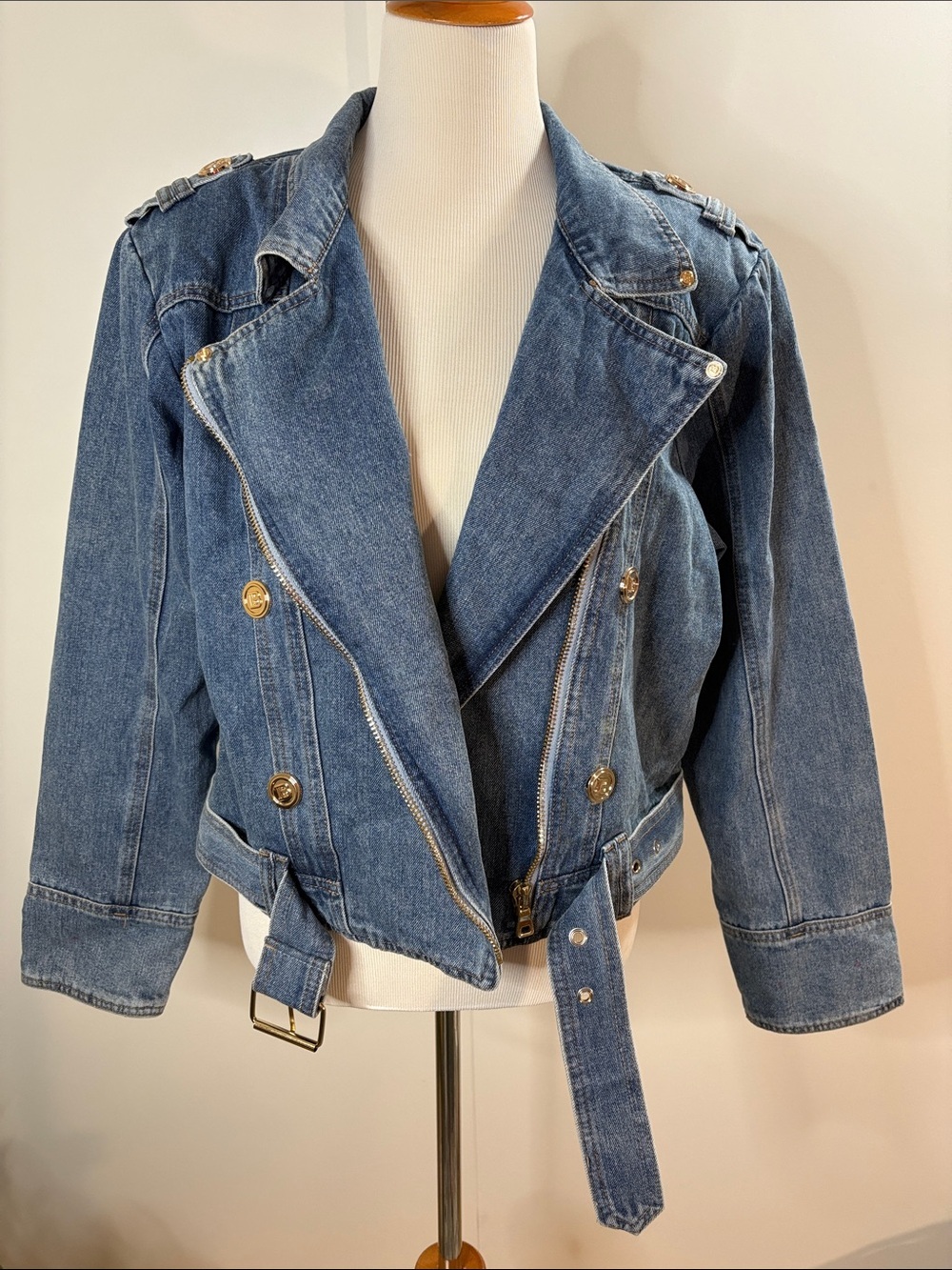Denim Moto Jacket with Gold Crest Buttons | Biker Military Cropped Belted Fit